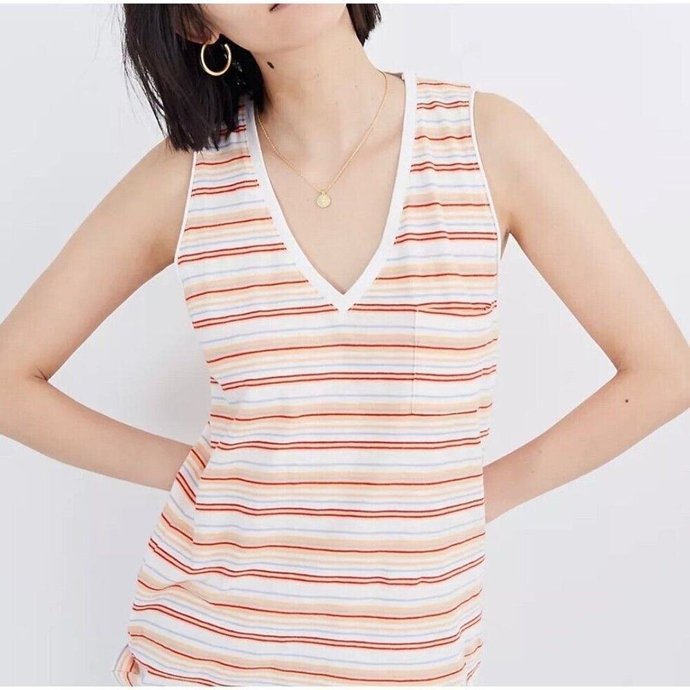 Madewell Whisper Cotton V-Neck Pocket Tank in Fieldgate Stripe NWT Small